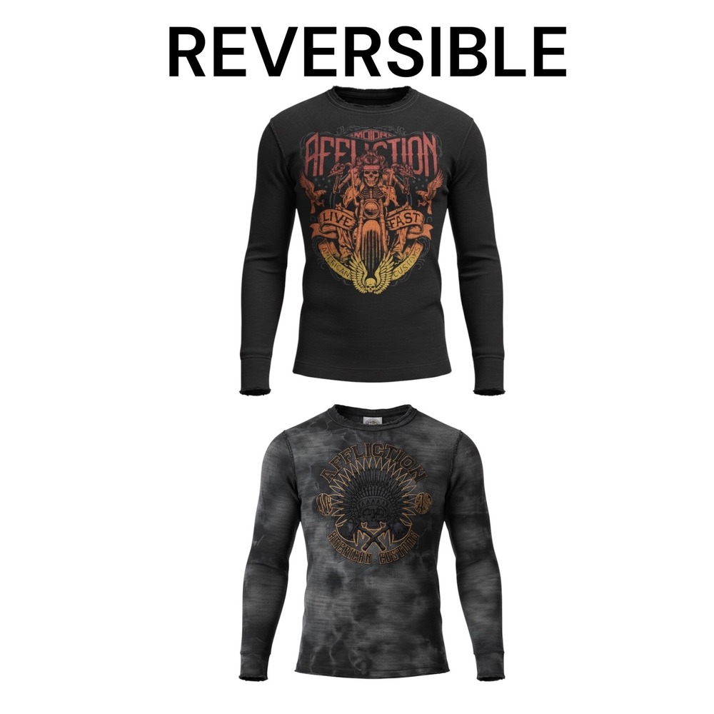 Affliction Reversible Thermal Shirt Men 2XL Black Tie Dye Biker Skull Grunge Y2K